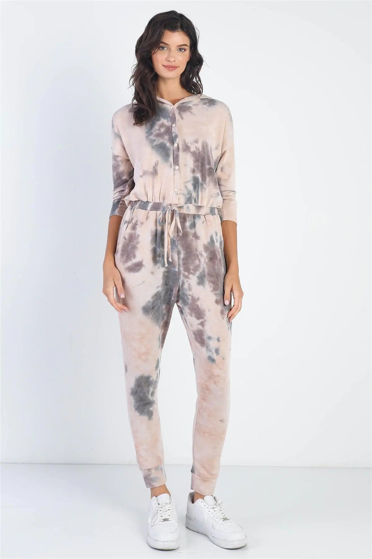 Tie-Dye Button Up Midi Sleeve Hooded Jumpsuit