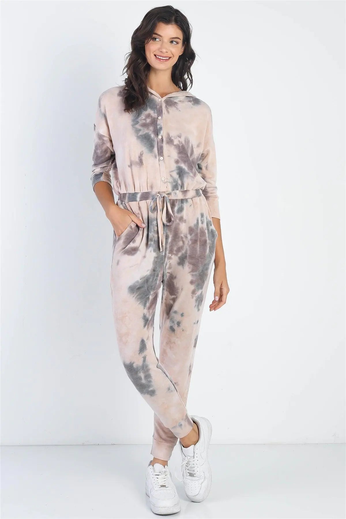 Tie-Dye Button Up Midi Sleeve Hooded Jumpsuit